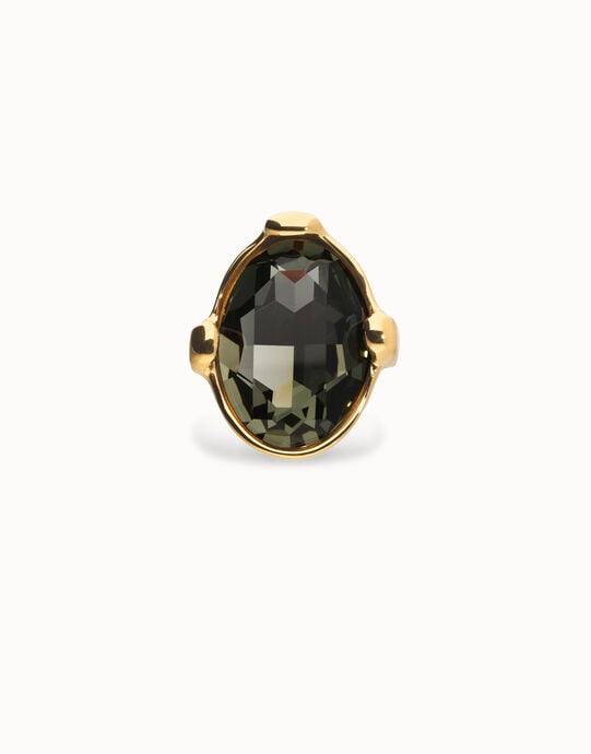 Anillo grande ba&ntilde;ado en oro 18k con cristal facetado ovalado gris